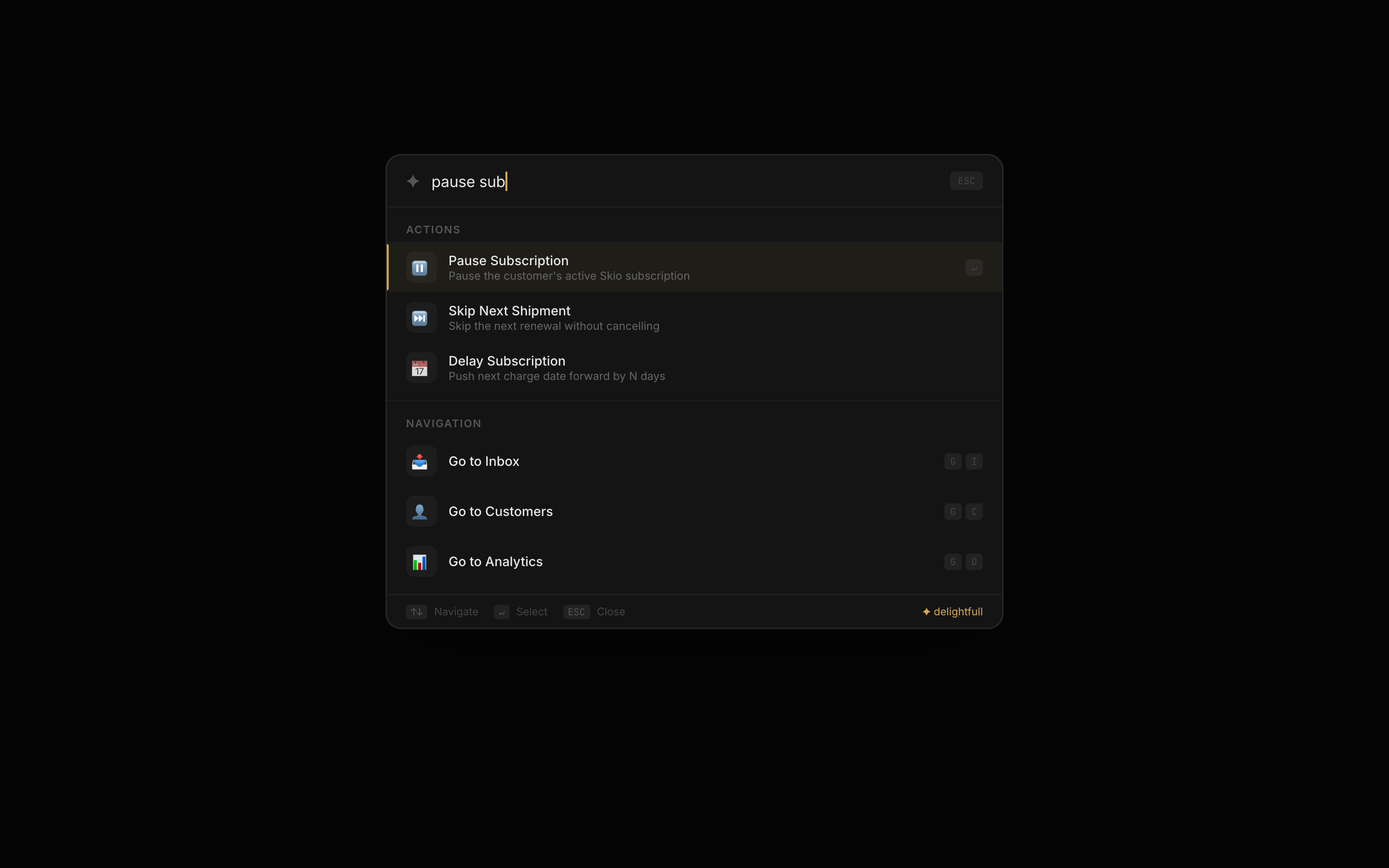 Command palette with subscription actions